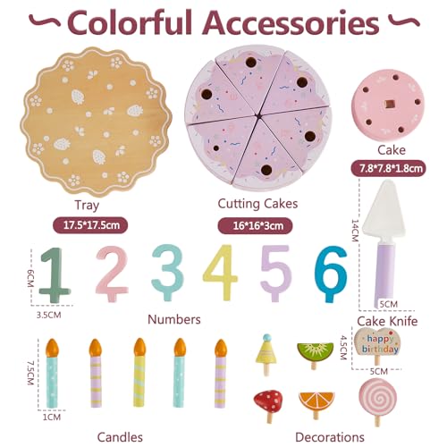 HERSITY Torta Compleanno Legno Giocattolo Doppio Strato, Torta Finta Gioco Accessori Cucina Giocattoli Set Taglio Cibo Bambini, Giochi di Ruolo per Bambina 3 4 5 Anni - immagine 6