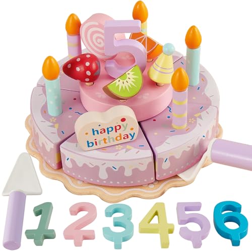 HERSITY Torta Compleanno Legno Giocattolo Doppio Strato, Torta Finta Gioco Accessori Cucina Giocattoli Set Taglio Cibo Bambini, Giochi di Ruolo per Bambina 3 4 5 Anni