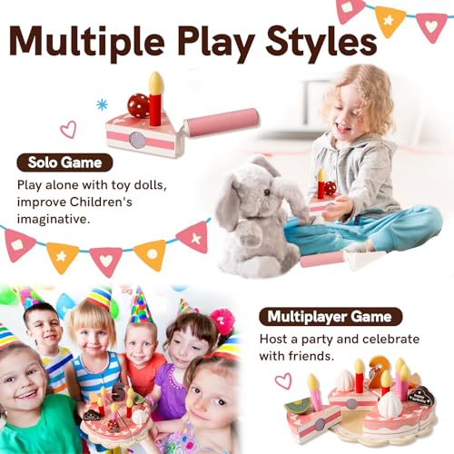 HERSITY Torta Compleanno Legno Giocattolo, Torta Finta Compleanno con Candele e Piatto per Dolci, Set Taglio Cibo Bambini, Giochi di Ruolo Regalo per Bambina 3+ Anni - immagine 4