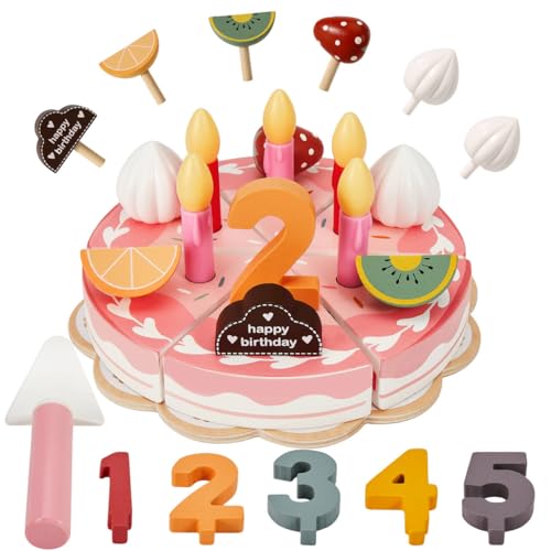HERSITY Torta Compleanno Legno Giocattolo, Torta Finta Compleanno con Candele e Piatto per Dolci, Set Taglio Cibo Bambini, Giochi di Ruolo Regalo per Bambina 3+ Anni