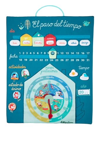 Lilliputiens - Calendario per imparare il tempo in spagnolo - Pannello di attività in tessuto per bambini - Apprendimento di giorni, mesi e stagioni - Motricità e riflessione - Dai 3 anni - 83070