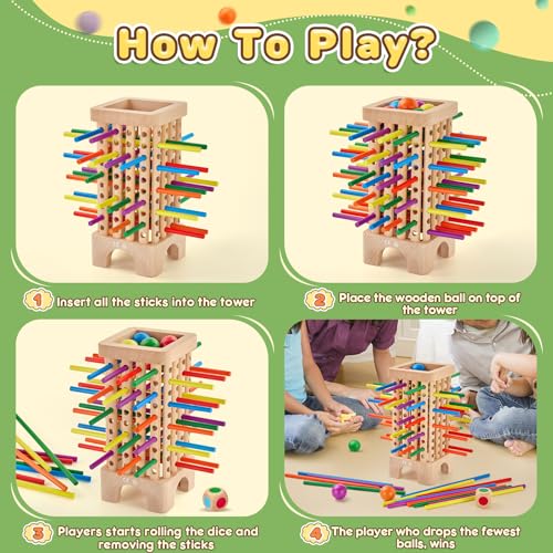 Montessori Gioco da Tavola per Famiglie, Giochi di società per Bambini, Gioco di Torre in Legno con 42 Bastoncini Colorati & Dadi, Migliora Le Abilità Motorie Fini per 3 a 6 Anni Ragazzi Ragazze - immagine 4