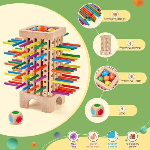 Montessori Gioco da Tavola per Famiglie, Giochi di società per Bambini, Gioco di Torre in Legno con 42 Bastoncini Colorati & Dadi, Migliora Le Abilità Motorie Fini per 3 a 6 Anni Ragazzi Ragazze - immagine 6
