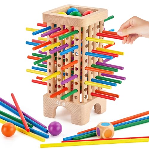 Montessori Gioco da Tavola per Famiglie, Giochi di società per Bambini, Gioco di Torre in Legno con 42 Bastoncini Colorati & Dadi, Migliora Le Abilità Motorie Fini per 3 a 6 Anni Ragazzi Ragazze