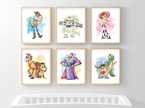 Nistio® Stampe ad acquerello Toy Story, decorazione artistica da parete Toy Story, poster di Toy Story, Woody Sheriff, Buzz Lightyear, Mr. Potato Head, set di 6, 20,3 x 25,4 cm (senza cornice) - immagine 3