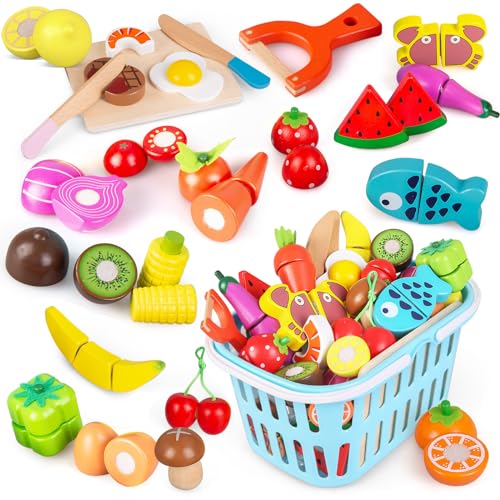 kramow Cucina Legno per Bambini, Frutta da Tagliare Giocattolo Legno, Cucina Accessori, Cibo Giocattolo Regali per Ragazzo Ragazza dai 3 + Anni
