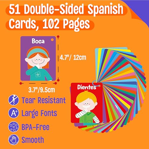 51 PCS Carte Cognitive Spagnole per Bambini, Stampate su entrambi i lati 7 in 1 Carte Colorate Alfabeto, Numeri, Cibi, Animali, Forme, Colori con 2 Anelli Richiudibili - immagine 3