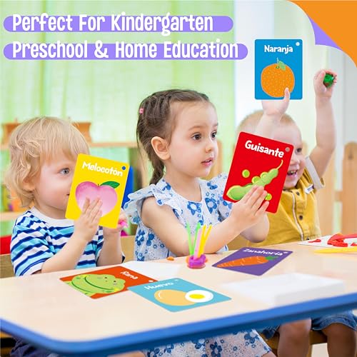 51 PCS Carte Cognitive Spagnole per Bambini, Stampate su entrambi i lati 7 in 1 Carte Colorate Alfabeto, Numeri, Cibi, Animali, Forme, Colori con 2 Anelli Richiudibili - immagine 6