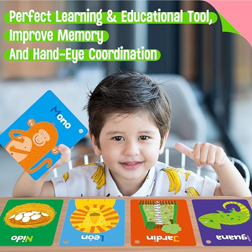 51 PCS Carte Cognitive Spagnole per Bambini, Stampate su entrambi i lati 7 in 1 Carte Colorate Alfabeto, Numeri, Cibi, Animali, Forme, Colori con 2 Anelli Richiudibili - immagine 7