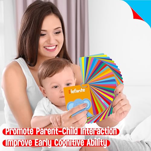 51 PCS Carte Cognitive Spagnole per Bambini, Stampate su entrambi i lati 7 in 1 Carte Colorate Alfabeto, Numeri, Cibi, Animali, Forme, Colori con 2 Anelli Richiudibili - immagine 8
