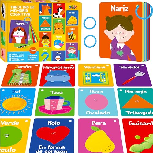51 PCS Carte Cognitive Spagnole per Bambini, Stampate su entrambi i lati 7 in 1 Carte Colorate Alfabeto, Numeri, Cibi, Animali, Forme, Colori con 2 Anelli Richiudibili