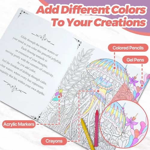 Conda Set di libri da colorare per adulti, 96 fogli, 2 libri da colorare per adulti con tema fiori e animali - immagine 5