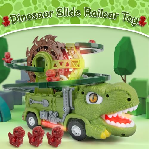 Dinosauro Dia Track Musica Giocattolo Auto Elettrico Arrampicata Scale Giocattoli Slide Corsa Montagne Russe con Luci Regalo Divertimento per Ragazzi Ragazze Bambini per Natale Compleanno - immagine 4