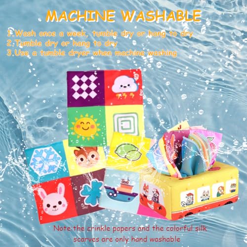 Giochi Montessori 6 Mesi Tissue Box, Scatola di Fazzoletti Montessor, Scatola di Fazzoletti Giocattolo con 3 Carta a Sonagli e 10 Sciarpe di Seta Colorate, Giochi Sensoriali per Neonati - immagine 6