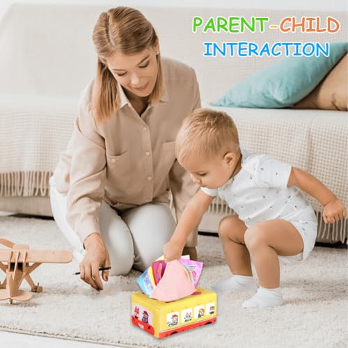 Giochi Montessori 6 Mesi Tissue Box, Scatola di Fazzoletti Montessor, Scatola di Fazzoletti Giocattolo con 3 Carta a Sonagli e 10 Sciarpe di Seta Colorate, Giochi Sensoriali per Neonati - immagine 7