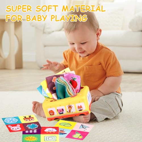 Giochi Montessori 6 Mesi Tissue Box, Scatola di Fazzoletti Montessor, Scatola di Fazzoletti Giocattolo con 3 Carta a Sonagli e 10 Sciarpe di Seta Colorate, Giochi Sensoriali per Neonati - immagine 8