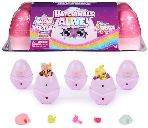 Hatchimals Alive, cartone di uova giocattolo Rainbow Splash con 5 mini personaggi in uova con colore a sorpresa e 10 accessori, giocattoli per bambine e bambini dai 3 anni in su