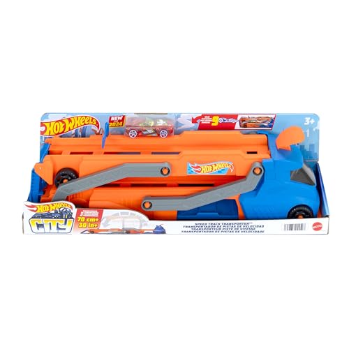 Hot Wheels - Trasportatore con Pista Super velocità, Camion Che Diventa Pista con Lanciatore, può Contenere Fino a 9 Auto e Si collega ad Altri Set, Giocattolo per Bambini, 3+ Anni, HYT83