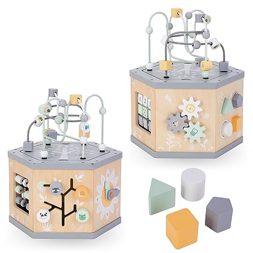 Mamabrum, Cubo Didattico 7 in 1 in Legno - Anello Motore, Abaco Colorato, Orologio, Numeri Rotanti, Selettore di Forme, Ingranaggi Rotanti, Centro attività Labirinto - immagine 3