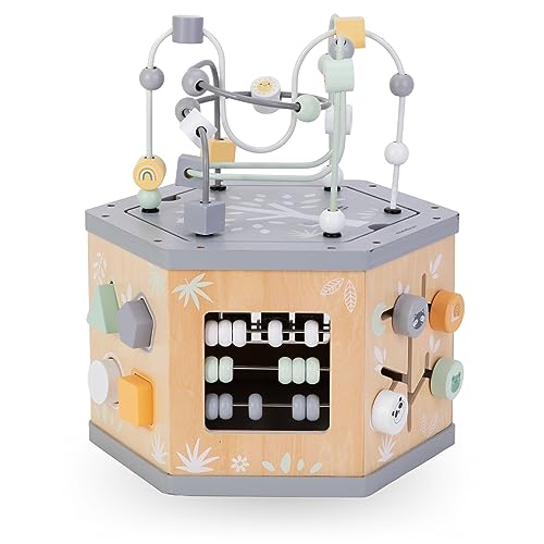 Mamabrum, Cubo Didattico 7 in 1 in Legno - Anello Motore, Abaco Colorato, Orologio, Numeri Rotanti, Selettore di Forme, Ingranaggi Rotanti, Centro attività Labirinto - immagine 4