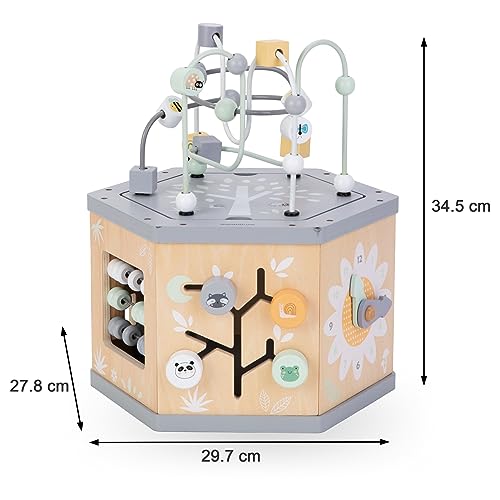 Mamabrum, Cubo Didattico 7 in 1 in Legno - Anello Motore, Abaco Colorato, Orologio, Numeri Rotanti, Selettore di Forme, Ingranaggi Rotanti, Centro attività Labirinto - immagine 6