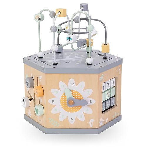 Mamabrum, Cubo Didattico 7 in 1 in Legno - Anello Motore, Abaco Colorato, Orologio, Numeri Rotanti, Selettore di Forme, Ingranaggi Rotanti, Centro attività Labirinto - immagine 9