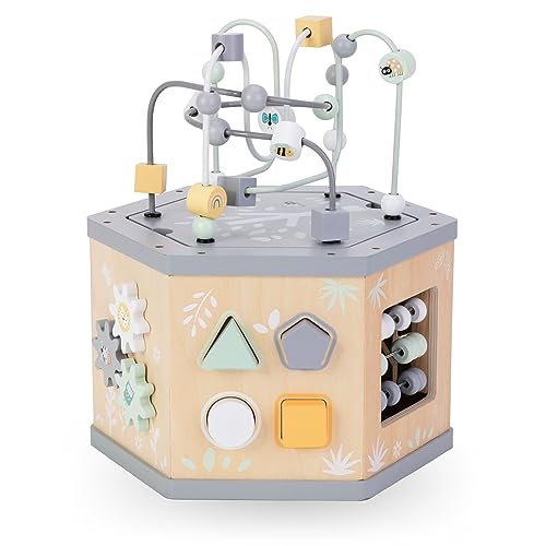 Mamabrum, Cubo Didattico 7 in 1 in Legno - Anello Motore, Abaco Colorato, Orologio, Numeri Rotanti, Selettore di Forme, Ingranaggi Rotanti, Centro attività Labirinto - immagine 11