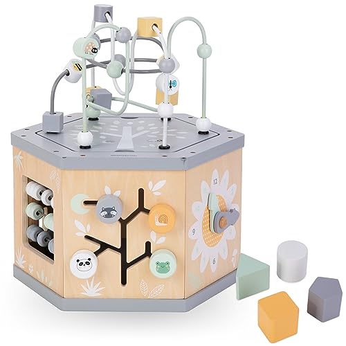 Mamabrum, Cubo Didattico 7 in 1 in Legno - Anello Motore, Abaco Colorato, Orologio, Numeri Rotanti, Selettore di Forme, Ingranaggi Rotanti, Centro attività Labirinto