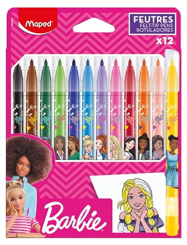 Maped - Pennarelli Barbie - Feltro da colorare - Feltro per bambini - Feltri decorati - Punta media - Inchiostro lavabile - 12 pennarelli da colorare