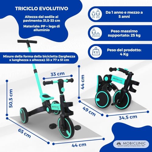 Mobiclinic® Kids, Triciclo 5 in 1, Chase, Evolutivo, da 1,5 a 5 Anni, Manubrio e Sedile Regolabili, Ultraleggero 3,3 kg, Montaggio Facile, Ruote Antiforatura, Fino a 25 kg, Porta Bottiglia - immagine 3