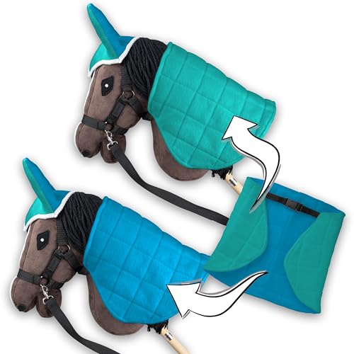 SKIPPI Coperta e Cuffietta per Hobby Horse - Menta e Blu, Reversibile Hobby Horse Accessori, Cuffia Bicolore e Coperta Antimosche per Cavallo con Bastone, Hobby Horsing - immagine 4