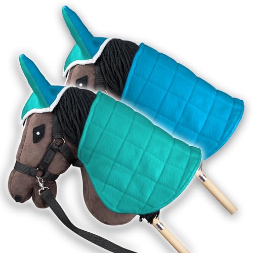 SKIPPI Coperta e Cuffietta per Hobby Horse - Menta e Blu, Reversibile Hobby Horse Accessori, Cuffia Bicolore e Coperta Antimosche per Cavallo con Bastone, Hobby Horsing