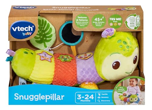 VTech Baby Snugglepillar, bruco sensoriale giocattolo con 7 tessuti e trame, canzoni, 3 pulsanti luminosi per imparare colori, forme e numeri, peluche per bambini dai 3 ai 6 ai 12 ai 18 mesi, versione - immagine 4