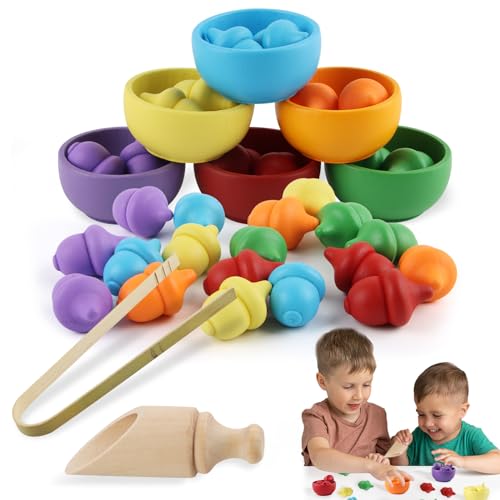 dellyy Giochi Montessori, 26 PCS Ghiande di Colori Diversi, Giochi per Smistamento in Legno, Motricità Fine Giocattoli Educativi Regalo per Bambini Giochi Montessori da 2 3 4 5 Anni