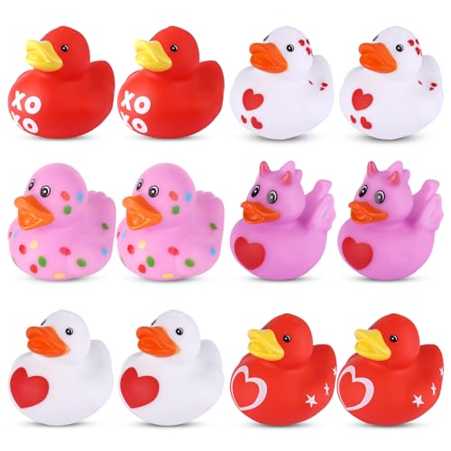 12pz Paperelle di Gomma per San Valentino, Mini Paperelle con Cuore d'Amore Piccole Paperelle Decorative Bomboniere Piccoli Giocattoli da Bagno Assortiti per lo Scambio di Premi in Classe