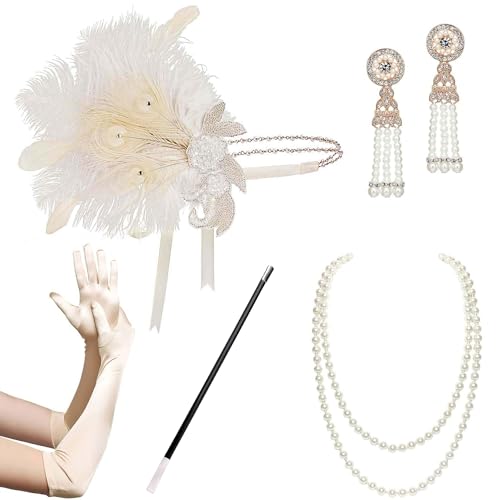 BABEYOND Set Accessori Anni 20 Flapper Fascia Gatsby Collana Perle Guanti Lunghi Porta Sigaretta di Stile Anni 20 per Prom Ballo Feste a Tema Vintage