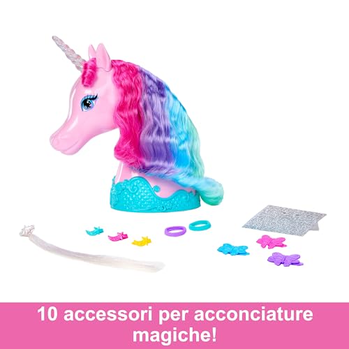 Barbie - Styling Head Unicorno, testa pettinabile con criniera dalla fantasia colorata, tanti accessori per lo styling e adesivi scintillanti, giocattolo per bambini, 3+ anni, HMD83 - immagine 6
