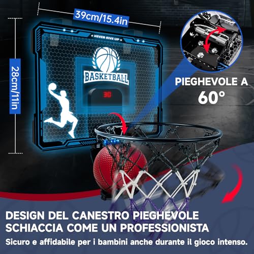 BuzzoXerex Canestro Basket Bambini, Canestro Basket da Camera, Mini Canestro con Telecomandi, 7 Colori LED, Elettronico Punteggio Record con Audio, 3 Balls, Giocattoli Sportivi per Ragazzo e Ragazza - immagine 3