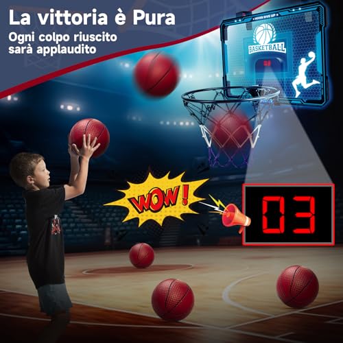 BuzzoXerex Canestro Basket Bambini, Canestro Basket da Camera, Mini Canestro con Telecomandi, 7 Colori LED, Elettronico Punteggio Record con Audio, 3 Balls, Giocattoli Sportivi per Ragazzo e Ragazza - immagine 4