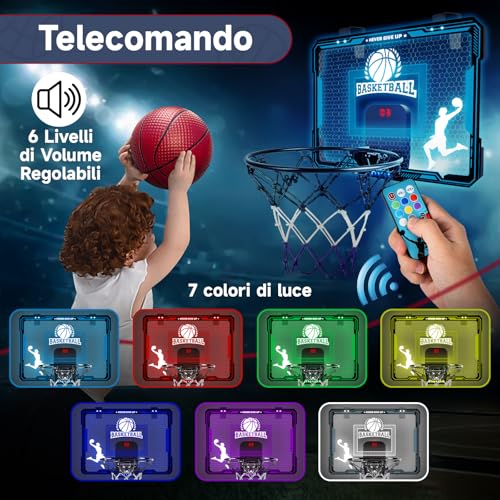 BuzzoXerex Canestro Basket Bambini, Canestro Basket da Camera, Mini Canestro con Telecomandi, 7 Colori LED, Elettronico Punteggio Record con Audio, 3 Balls, Giocattoli Sportivi per Ragazzo e Ragazza - immagine 5