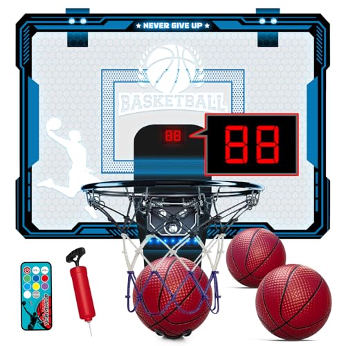 BuzzoXerex Canestro Basket Bambini, Canestro Basket da Camera, Mini Canestro con Telecomandi, 7 Colori LED, Elettronico Punteggio Record con Audio, 3 Balls, Giocattoli Sportivi per Ragazzo e Ragazza