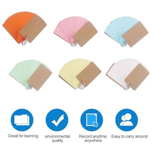 Flashcard Carta Kraft,Colore Flash Cards con Raccoglitore ad Anelli,Flash Cards,Blocchi di Flash Card,per Scuola, Apprendimento, ​Memoria, Appunti, Carta Kraft Vuota, 7 x 4 cm, 6 Pezzi,6 Color - immagine 4