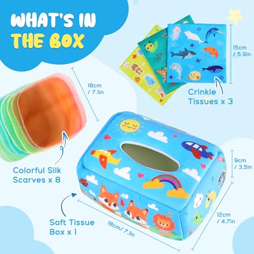 Joollurm Baby Tissue Box Toy, Giocattoli Montessori per Bambini 6-12 mesi, Giocattoli Sensoriali Morbidi con Carte Velinate Crinkle e Sciarpe Colorate per Bambini Infantili, Magic Tissue Box Early Lea - immagine 5