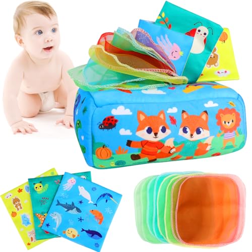 Joollurm Baby Tissue Box Toy, Giocattoli Montessori per Bambini 6-12 mesi, Giocattoli Sensoriali Morbidi con Carte Velinate Crinkle e Sciarpe Colorate per Bambini Infantili, Magic Tissue Box Early Lea