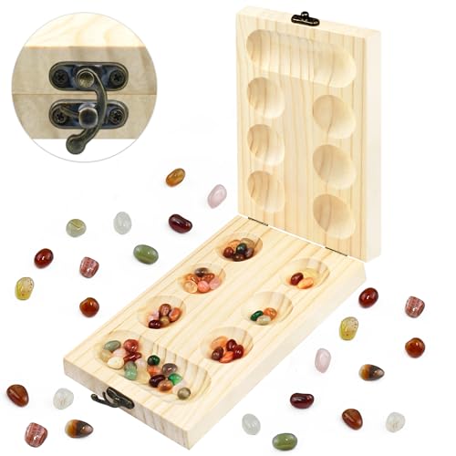 Mancala -Gioco da Tavolo Kalaha -Gioco di Strategia -Legno Naturale Ispessito +Belle Pietre Colorate +Borsa Portaoggetti, Giochi da Tavolo per Famiglie Gioco di Intelligenza per Bambini Adulti [Stone]