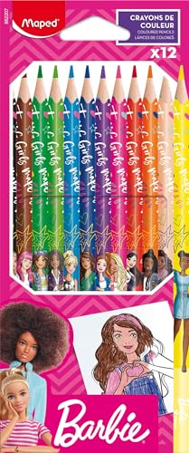 Maped - 12 matite colorate Barbie - Matite da colorare in resina - Matite colorate per bambini - Miniere resistenti - Forma Triangolare ergonomica