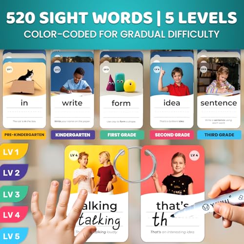 QUOKKA Schede flash per bambini, dalla pre-K alla terza elementare, caratteri in grassetto e formato jumbo, cancellabili a secco, carte riutilizzabili codificate a colori con anelli per l'ordinamento, - immagine 3