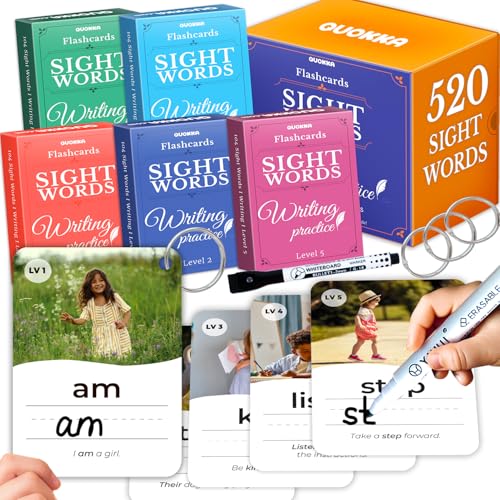 QUOKKA Schede flash per bambini, dalla pre-K alla terza elementare, caratteri in grassetto e formato jumbo, cancellabili a secco, carte riutilizzabili codificate a colori con anelli per l'ordinamento,