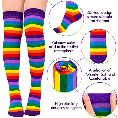 Whaline Calzini alti al ginocchio spessi arcobaleno a righe guanti scaldamani con 30 tatuaggi Gay Pride per donne e ragazze, accessori per feste, decorazione parata, colore arcobaleno, M - immagine 4