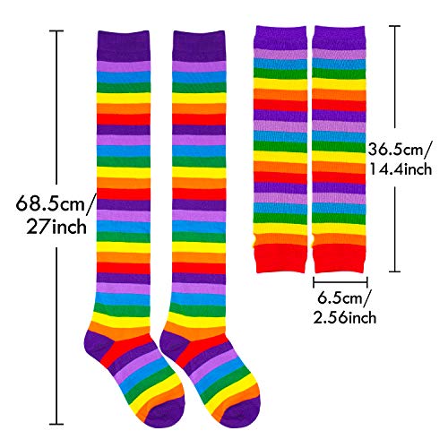 Whaline Calzini alti al ginocchio spessi arcobaleno a righe guanti scaldamani con 30 tatuaggi Gay Pride per donne e ragazze, accessori per feste, decorazione parata, colore arcobaleno, M - immagine 6